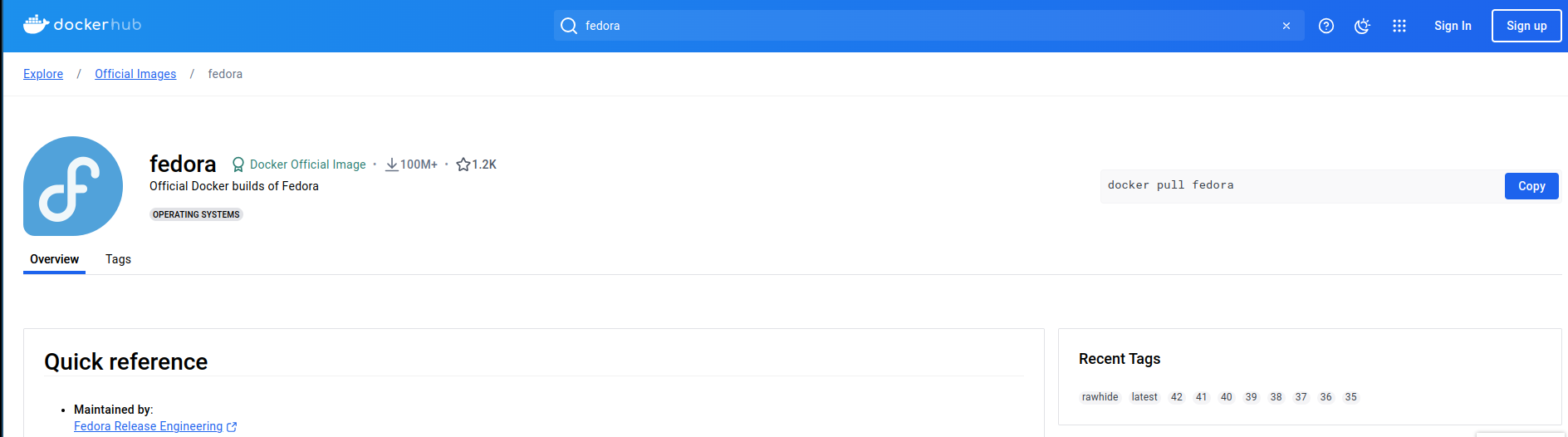 Figura 6: Imagem do Fedora Linux no Docker
Hub